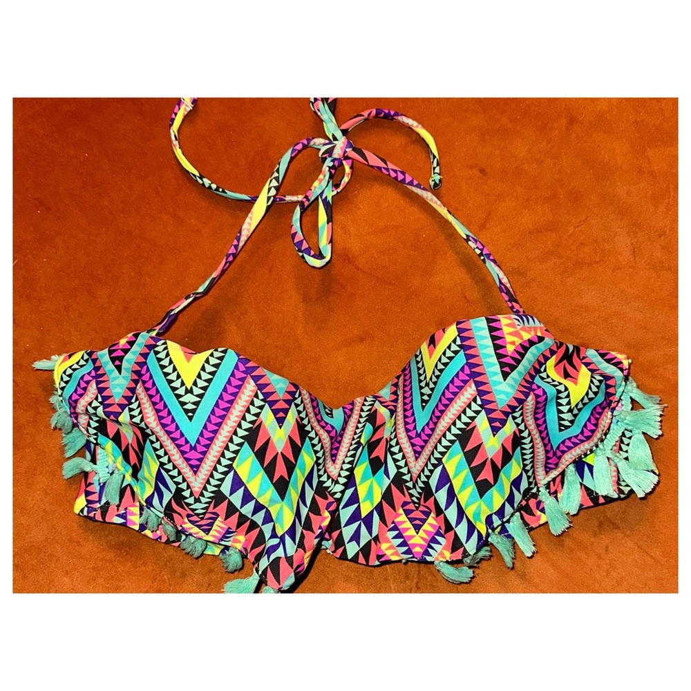 Vintage circa 2014, Neon Aztec, Fringe Bikini Top, Size Large - Picture 15 of 16
